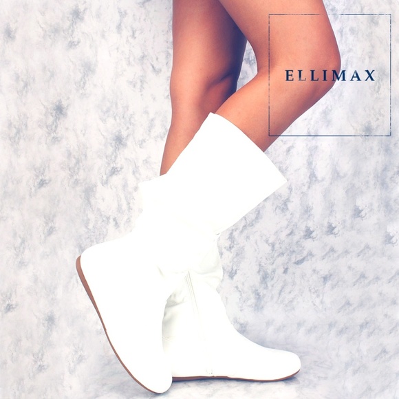 New HP💃 White Slouch Round Toe Faux Leather Mid Calf Boots Flat W/ Zipper - Picture 1 of 5